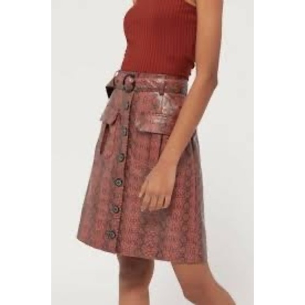 Urban Outfitters Red Snakeskin Faux Leather Belted Mini Skirt Button Front Small